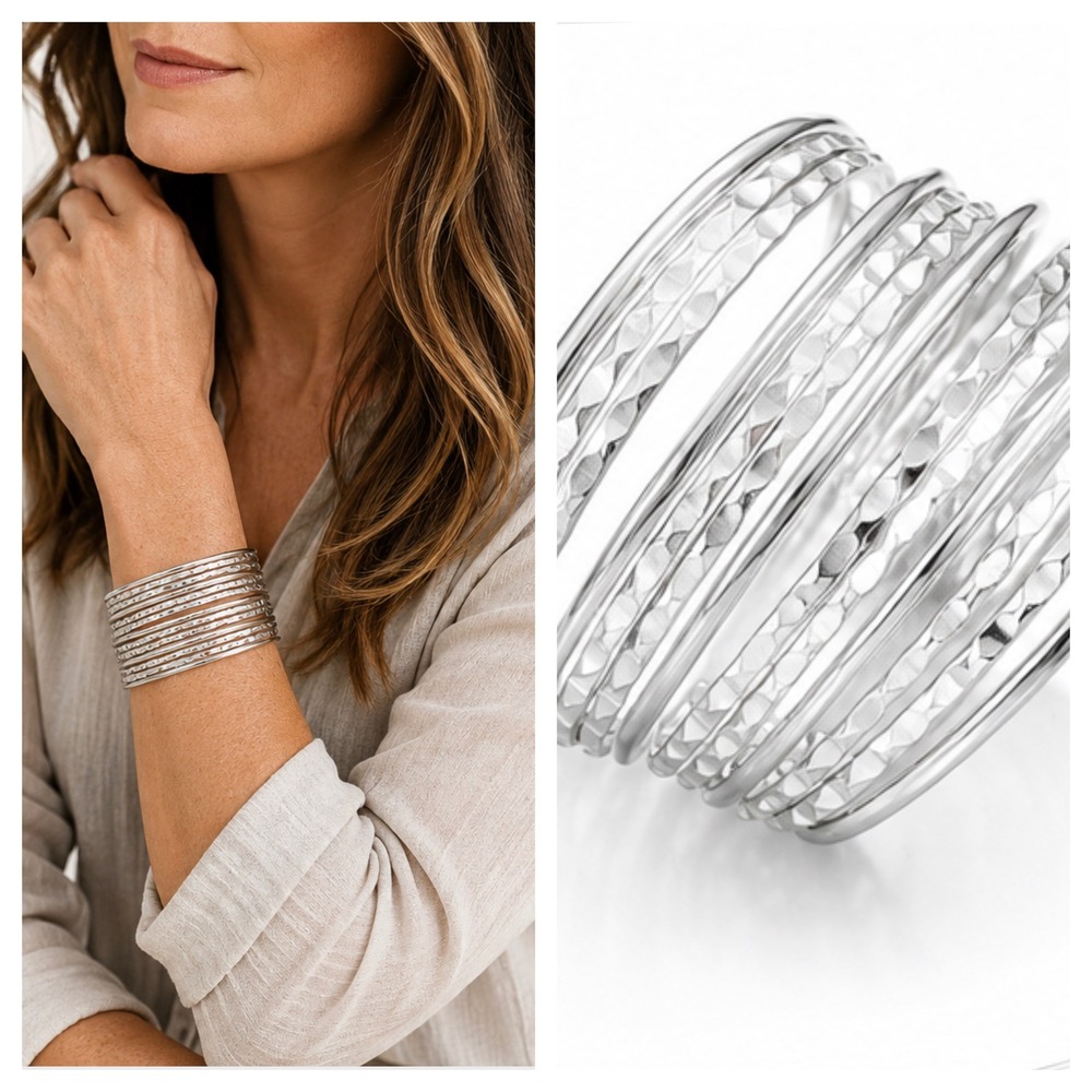Silver Tone Multi Strand Hammered Layered Cuff Bracelet Statement Jewelry